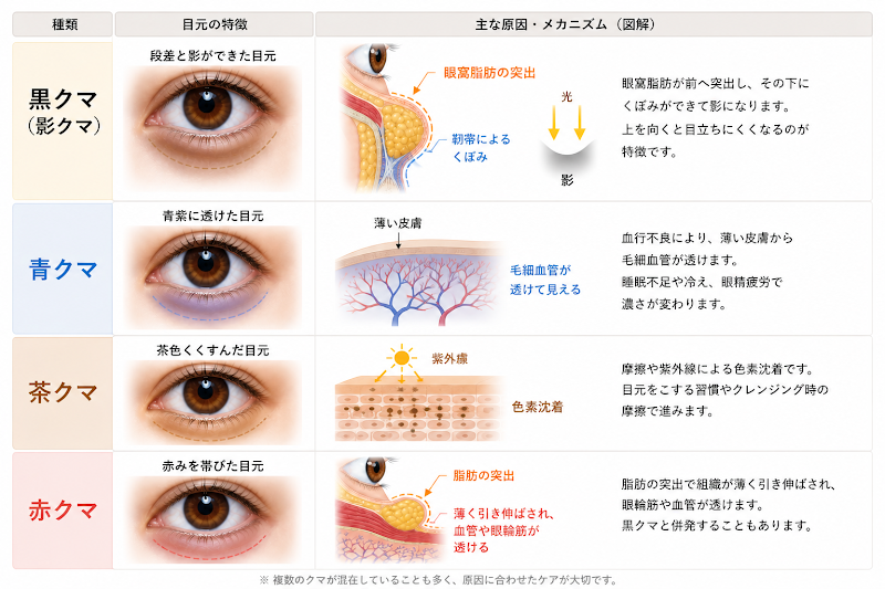 黒クマ・青クマ・茶クマ・赤クマそれぞれの見え方と原因を並べた比較イラスト