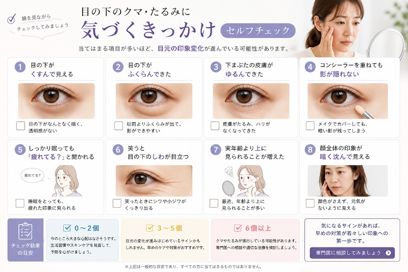目の下のクマ・たるみに気づくきっかけとなるサインを並べたセルフチェック図