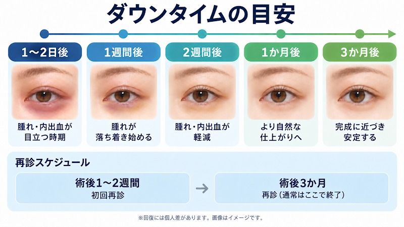 手術当日から1〜2週間後・3か月後までの再診スケジュールとダウンタイムの目安を示した図