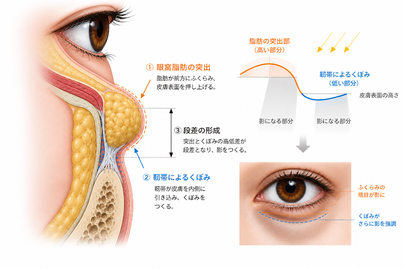 下まぶたの断面図。眼窩脂肪の突出と靭帯によるくぼみが段差の影をつくる仕組みを示した図