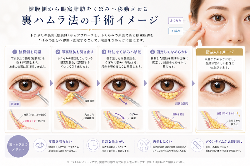 結膜側から眼窩脂肪をくぼみへ移動させる裏ハムラ法の手術イメージ図