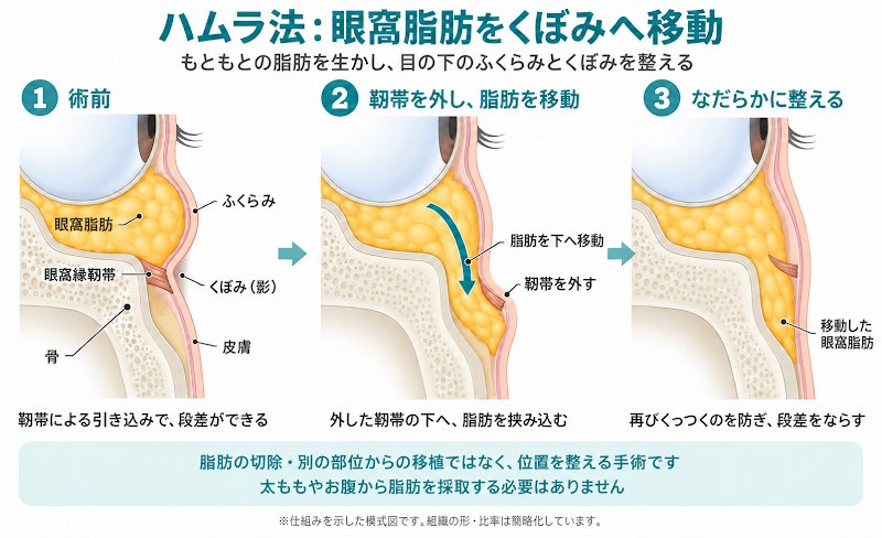 ハムラ法で眼窩脂肪をくぼみへ移動するイメージ図
