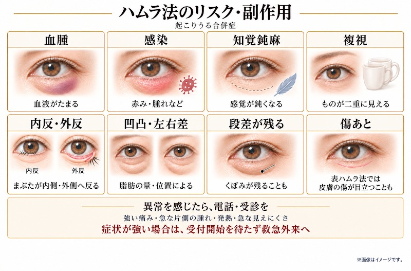 ハムラ法で起こりうる血腫・感染・知覚鈍麻・複視・内反や外反・凹凸・左右差などのリスクを示した図