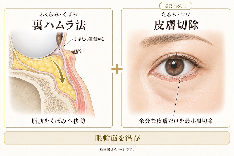 裏ハムラ法で眼窩脂肪をくぼみへ移動し、皮膚のたるみ・シワに最小限の皮膚切除を組み合わせるイメージ図