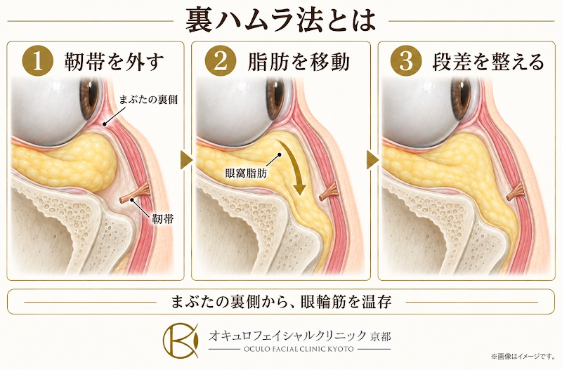 裏ハムラ法で靭帯を外し、眼窩脂肪をくぼみ側へ移動して目の下の段差を整える流れを示した図