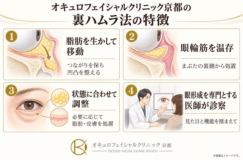 オキュロフェイシャルクリニック京都の裏ハムラ法の特徴を示した図