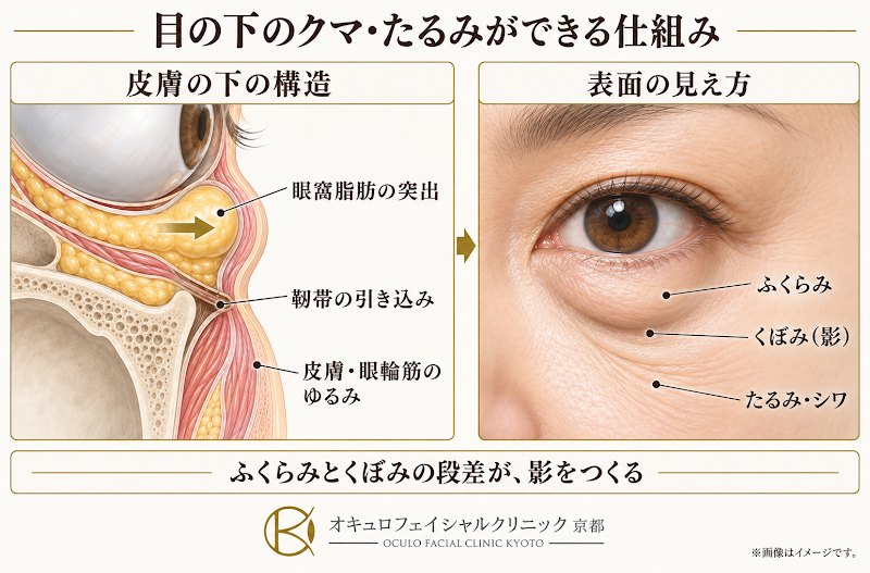 靭帯のゆるみや眼窩脂肪の突出によって、目の下にふくらみとくぼみの段差が生じ、影やたるみが目立つ仕組みを示した図