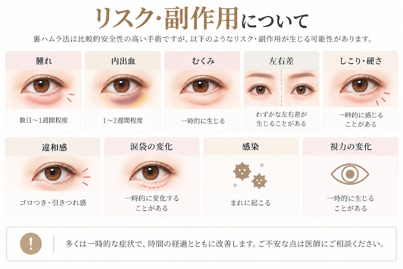 裏ハムラ法で起こりうる腫れ・内出血・むくみ・左右差・違和感・感染などのリスクや副作用をまとめた図