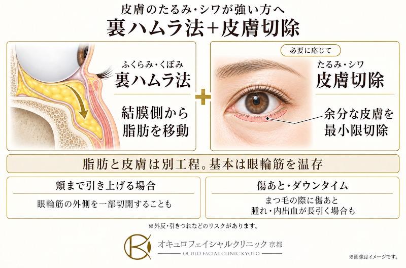 裏ハムラ法による眼窩脂肪の移動と皮膚切除を組み合わせ、目の下のふくらみ・くぼみ・たるみ・シワを整える方法を示した図